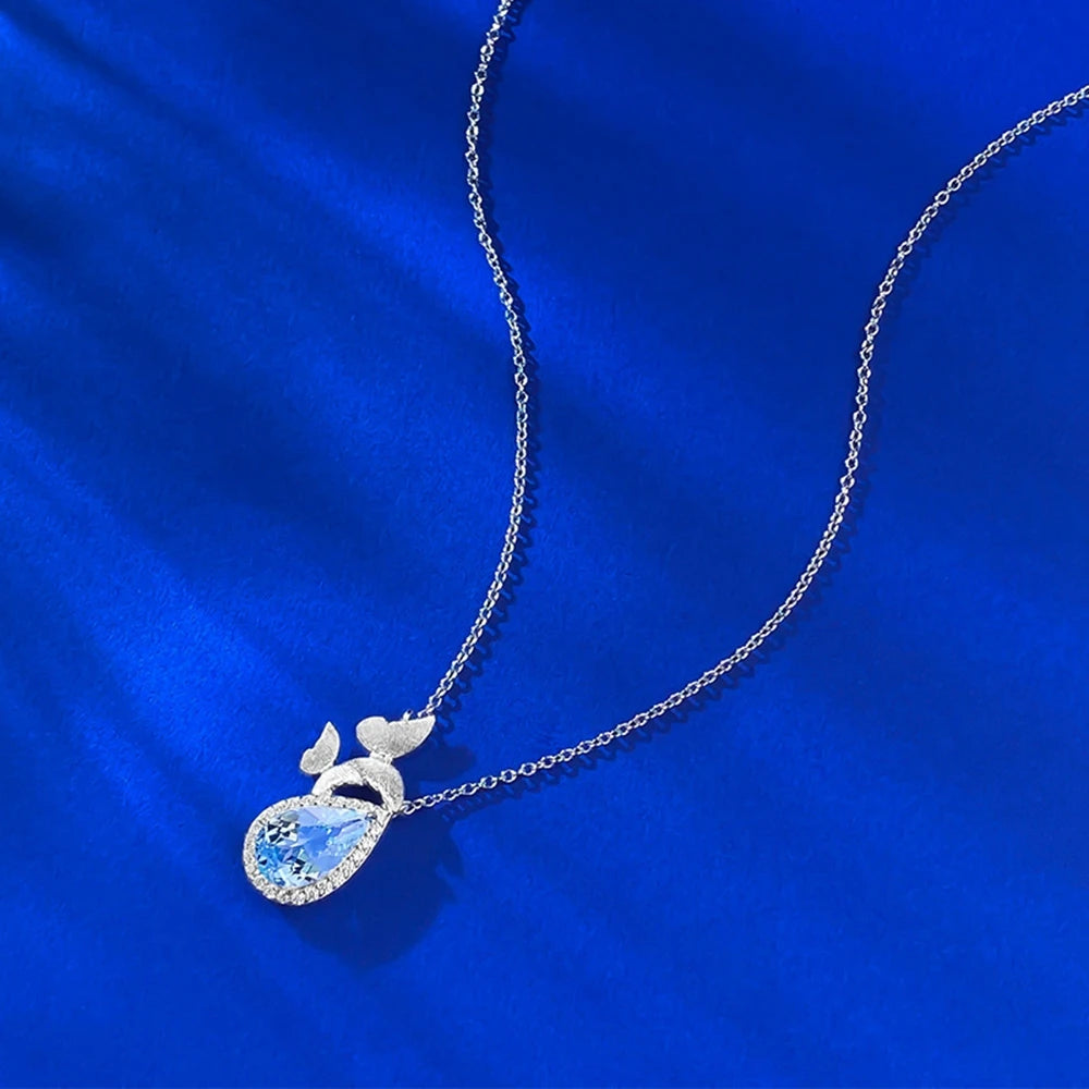 Wong Rain 100% 925 Sterling Silver Pear Cut 7*11 MM Blue Topaz High Carbon Diamond Gems Pendant Necklace Fine Jewelry Wholesale