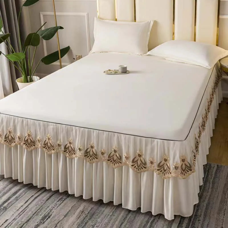 3pcs Set Raw Cotton Soft Bedspread Bed Romance Dust Protector Cover Embroidery Lace Edge Bed Skirt with 2pcs Pillowcase
