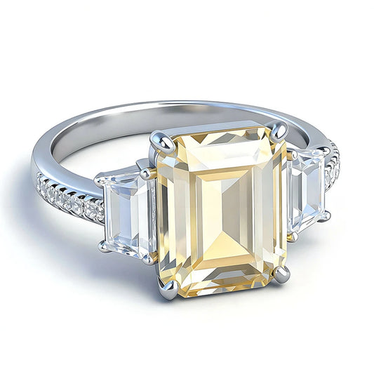 Wong Rain 925 Sterling Silver Emerald Cut 8*10 MM Aquamarine Citrine High Carbon Diamond Wedding Engagement Rings Fine Jewelry
