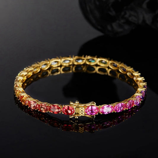Wong Rain Solid 925 Sterling Silver Oval Cut 4*6 MM Lab Sapphire High Carbon Diamond Gems Colorful Bracelets Bangle Fine Jewelry