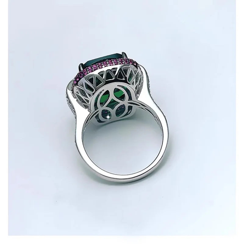 Silver Color Ruby Emerald Rings for Women Lab Diamond Wedding Bands Gemstone Cocktail Party Fine Jewelry Female Anniversary Gift