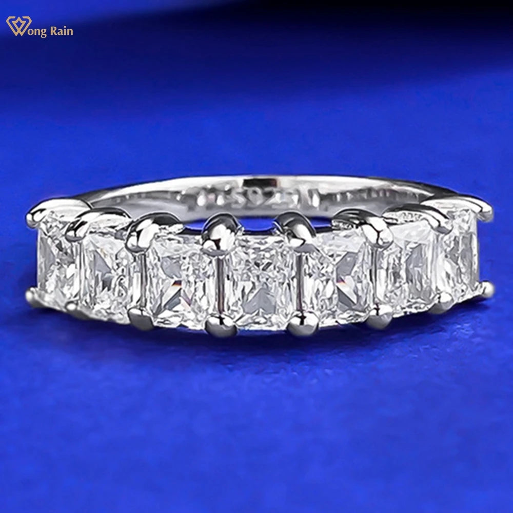 Wong Rain Simple 100% 925 Sterling Silver Lab Sapphire Gemstone Row Ring for Women Fine Jewelry Wedding Band Gifts Wholesale