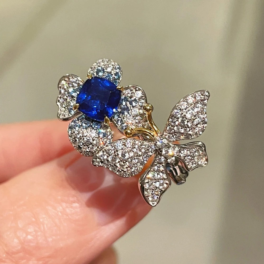 Wong Rain Luxury 925 Sterling Silver Sapphire High Carbon Diamond Gemstone Flower Ring for Women Fine Jewelry Anniversary Gifts