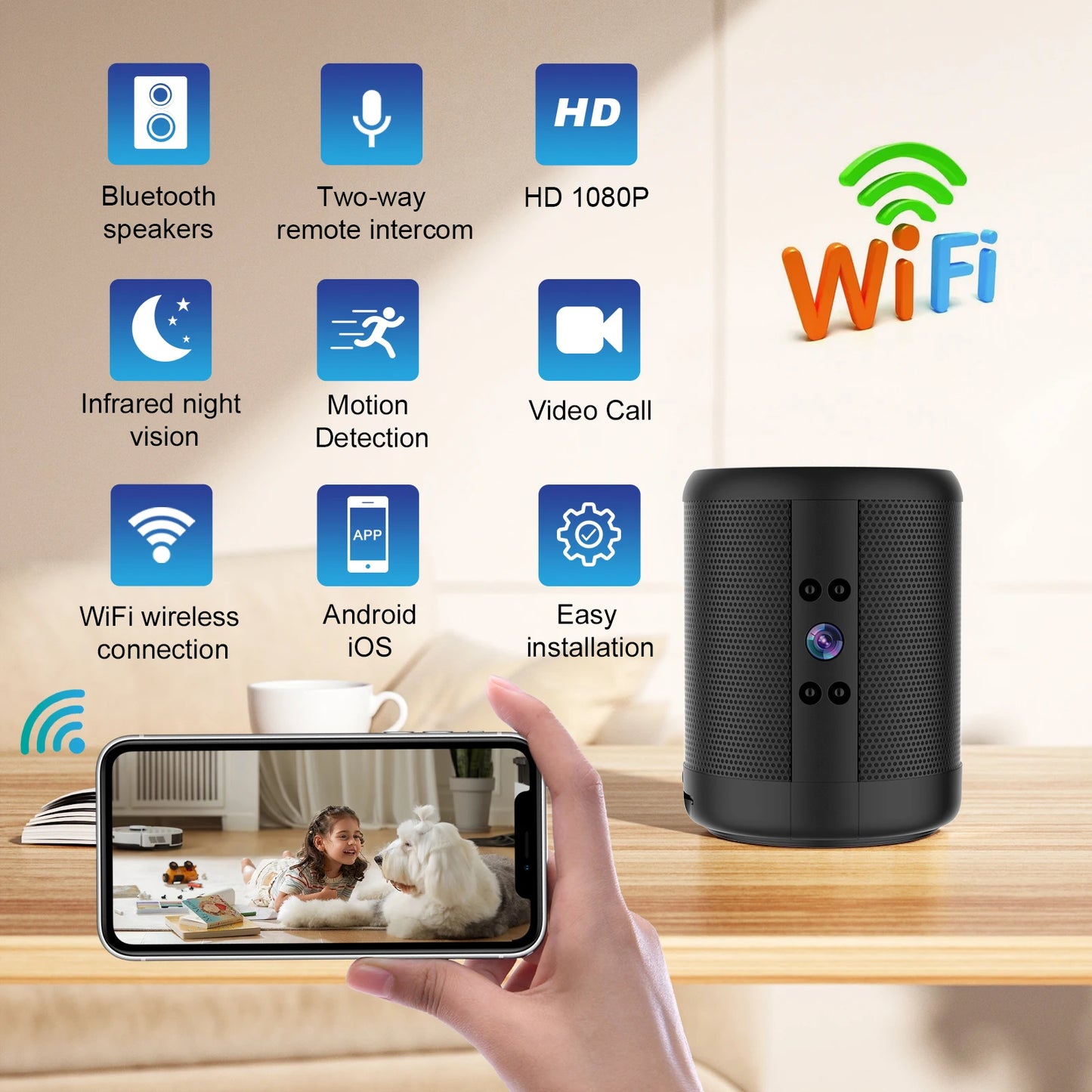 4K HD Mini Home Security Surveillance Camera WiFi Bluetooth Speaker Two-Way Remote Intercom Night Vision Battery Operated