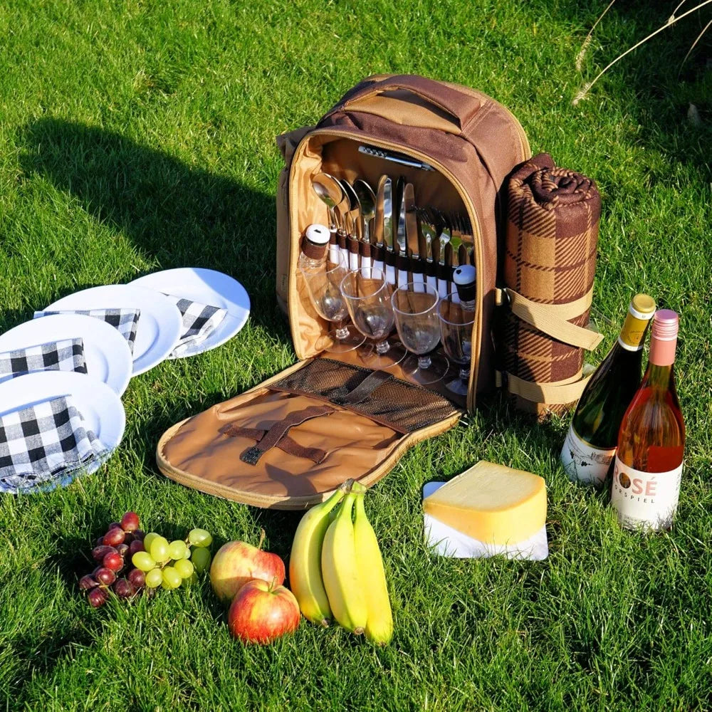 Zaino da picnic per 4 persone | marrone | set da picnic 32 pezzi | incl. portabottiglie e coperta in pile,