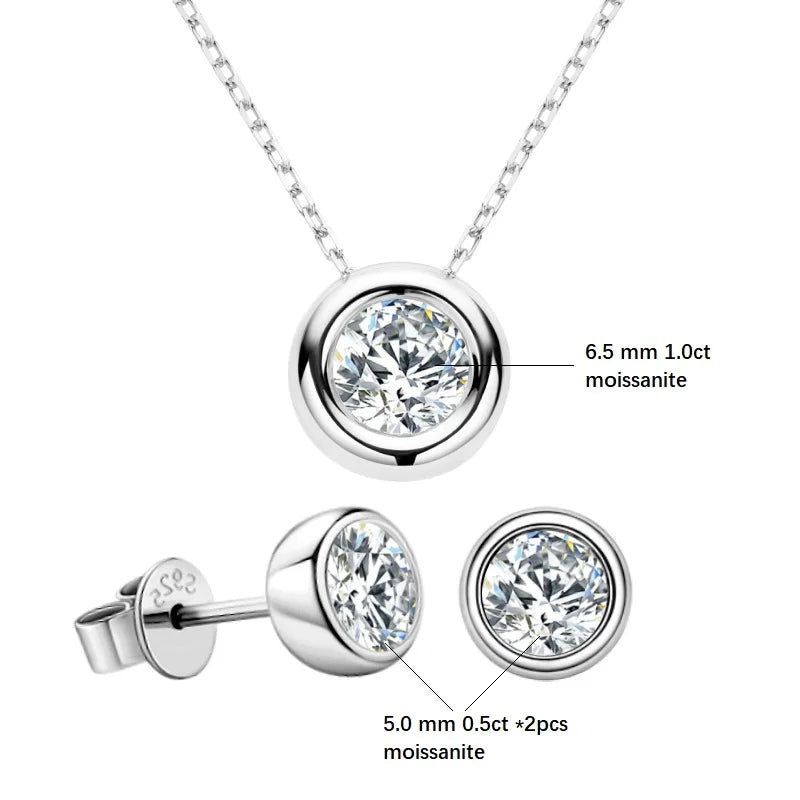 IOGOU 6.5mm 1ct Bezel Moissanite Pendant Necklace Earrings Sets 925 Silver Adjustable Chain for Women GRA Certified Jewelry Set