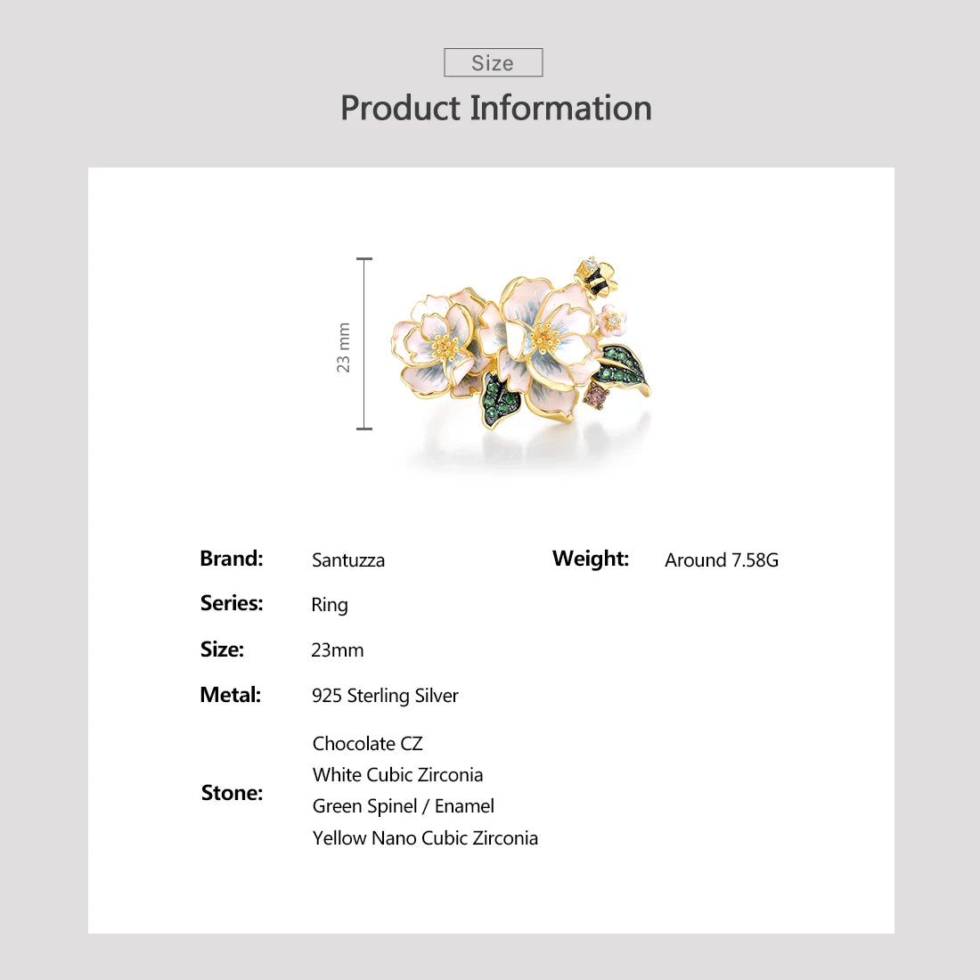SANTUZZA Pure 925 Sterling Silver Rings For Women Green Spinel Yellow White CZ Handmade Enamel Flower Ring Delicate Fine Jewelry