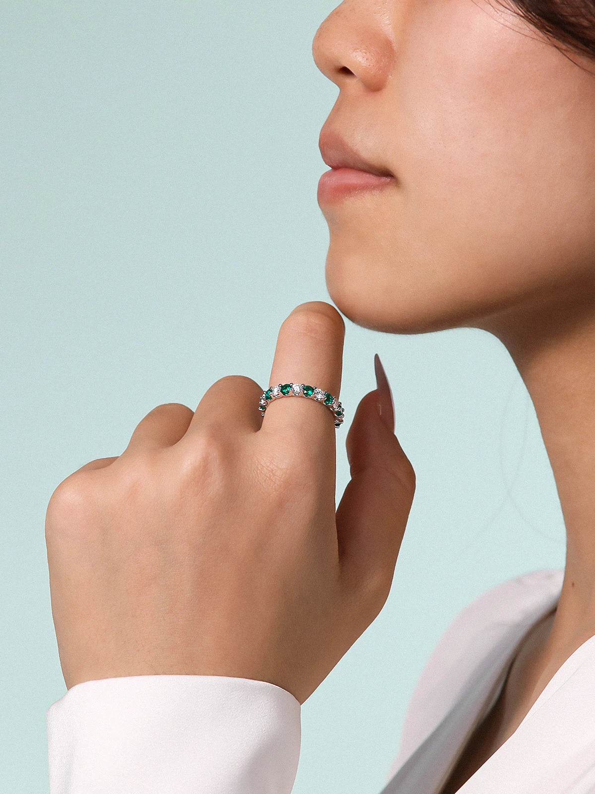 TYYL 3mm Round Moissanite Ring Full Diamond Women Lab Grown Emerald Gemstone Rings Real 925 Silver Eternity Wedding Band Jewelry