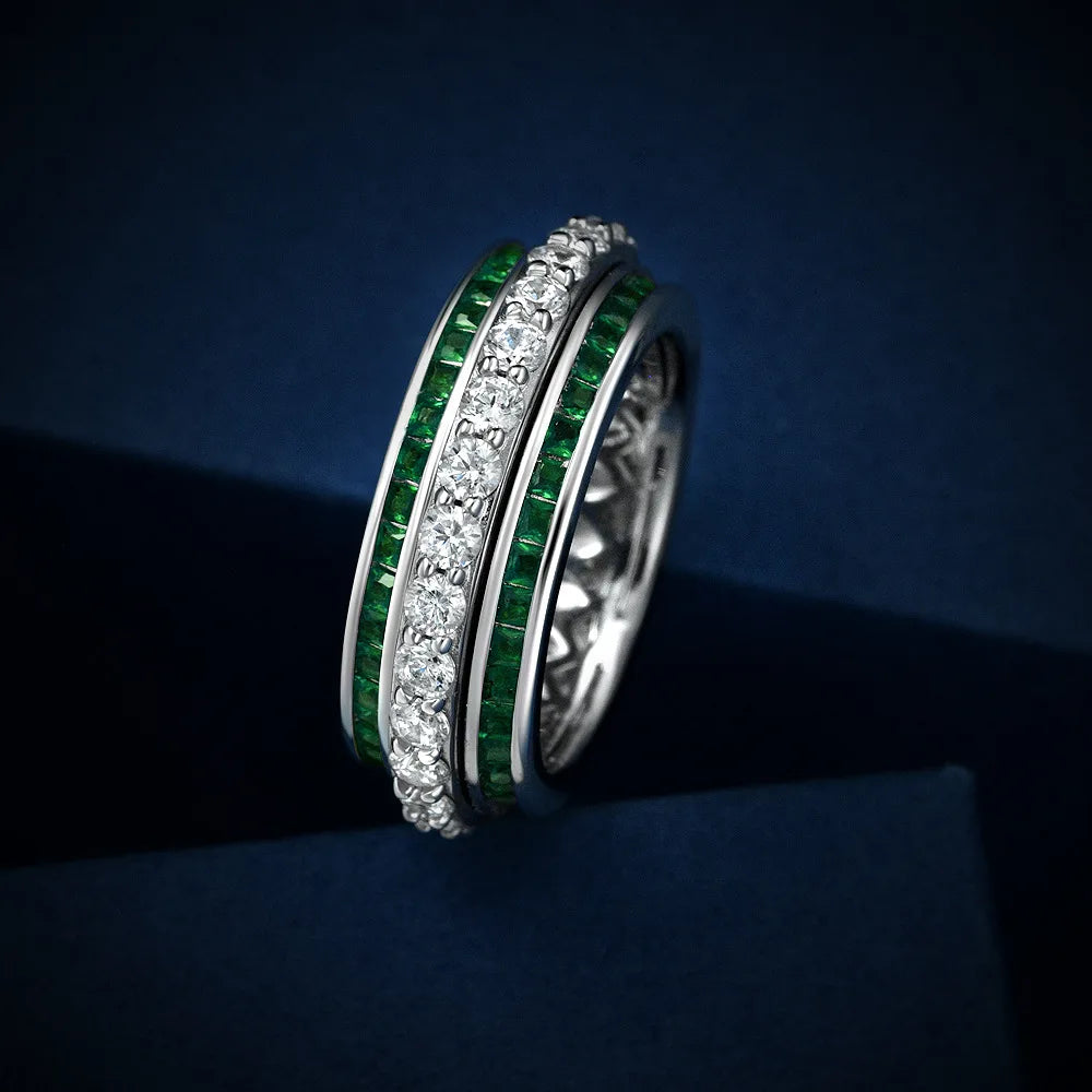 WUIHA Real 925 Sterling Silver Fancy Vivid Emerald Ruby Row Created Moissanite Rotating Ring for Women Luxury Gift Drop Shipping