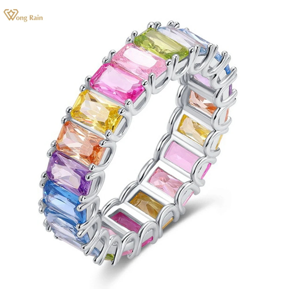 Wong Rain Solid 925 Sterling Silver 3*5 MM Lab Sapphire Gemstone Colorful Row Ring for Women Fine Jewelry Wedding Band Wholesale