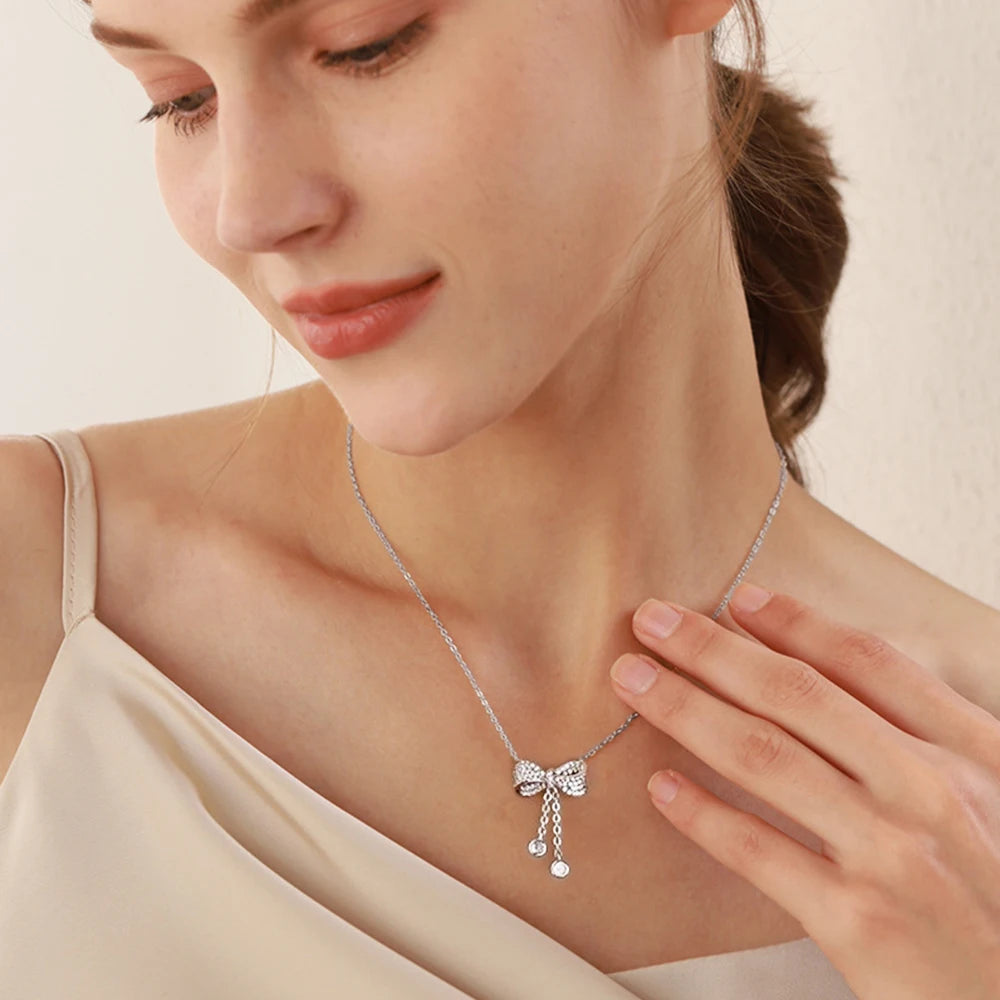 Bowknot Moissanite Pendant Necklaces for Women 0.12carat D Color Diamond Long Tassel Neckchain 925 Sterling Silver Fine Jewelry