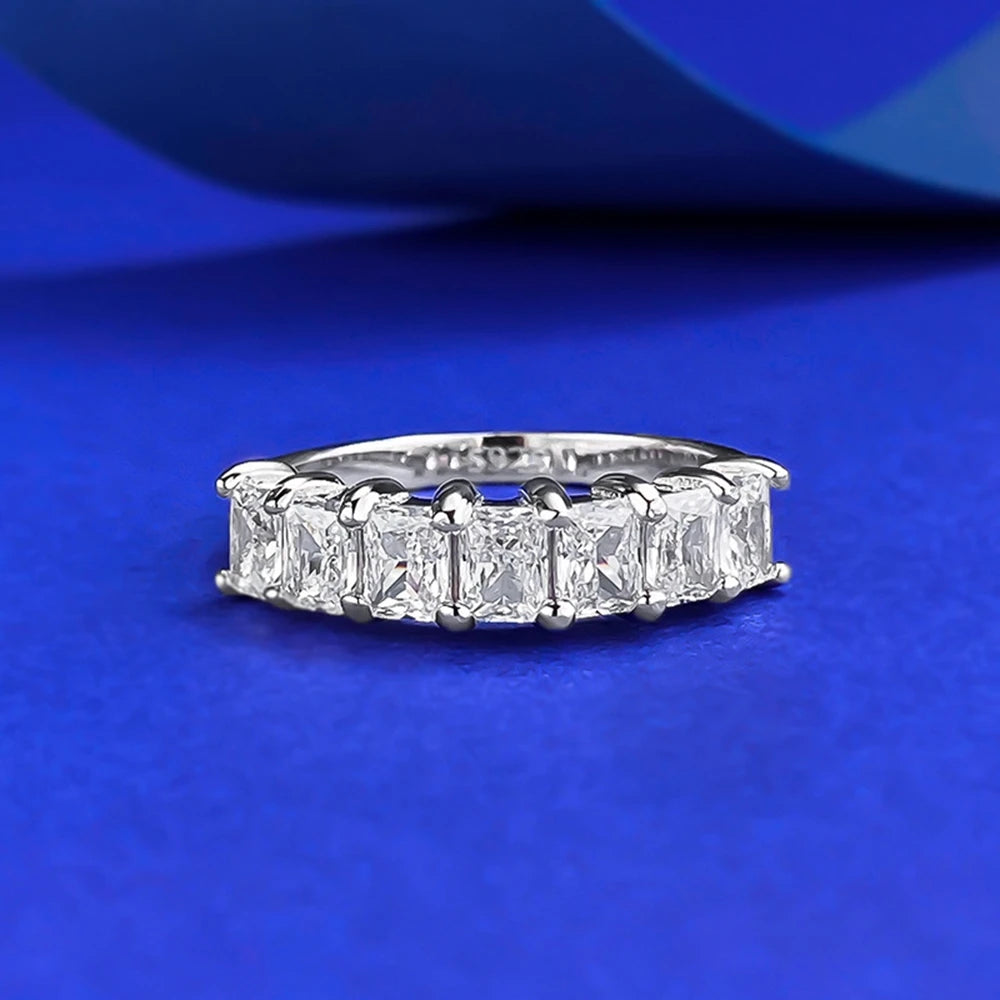 Wong Rain Simple 100% 925 Sterling Silver Lab Sapphire Gemstone Row Ring for Women Fine Jewelry Wedding Band Gifts Wholesale