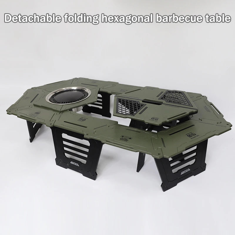 Multi-Functional Camping Table Portable 6-Sided BBQ&Tea Table, Foldable&Removable Outdoor Stove Complete Set For Outdoor Cooking