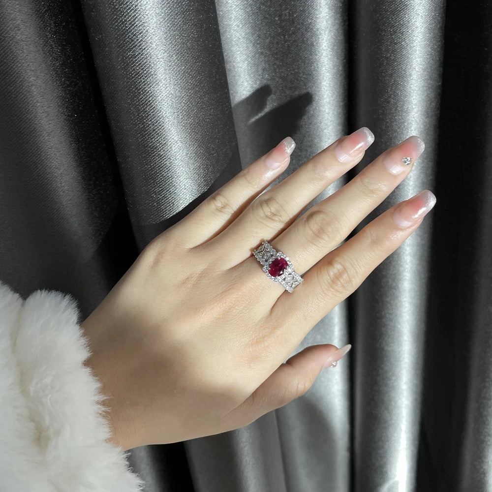 Wong Rain Luxury 925 Sterling Silver 1.5CT Oval Cut Ruby High Carbon Diamond Gemstone Wedding Party Fine Jewelry Ring For Women