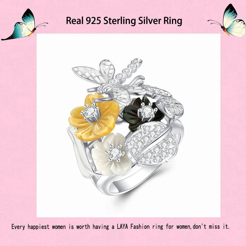 LAYA Ring For Women Black Yellow Shell Flower Shining White Zircon 100% 925 Sterling Silver Finger Fashion Party Fine Jewelry