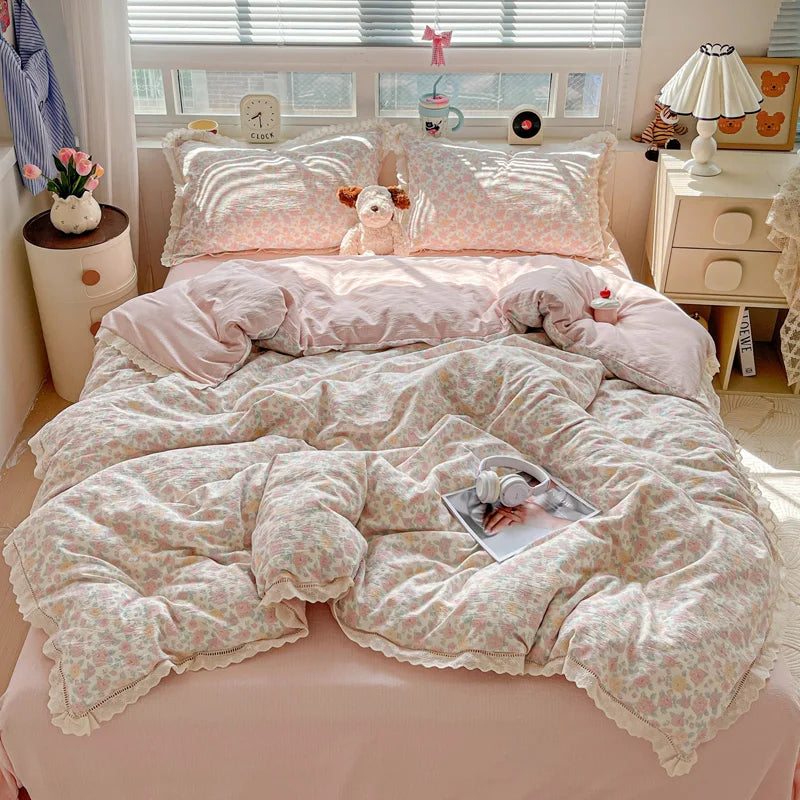 INS Princess Bedding Set 이불세트 2025 New Soft Wrinkled Double-layer Bed Flat Sheet Twin Queen Size Duvet Set Pillowcase Bed Linens