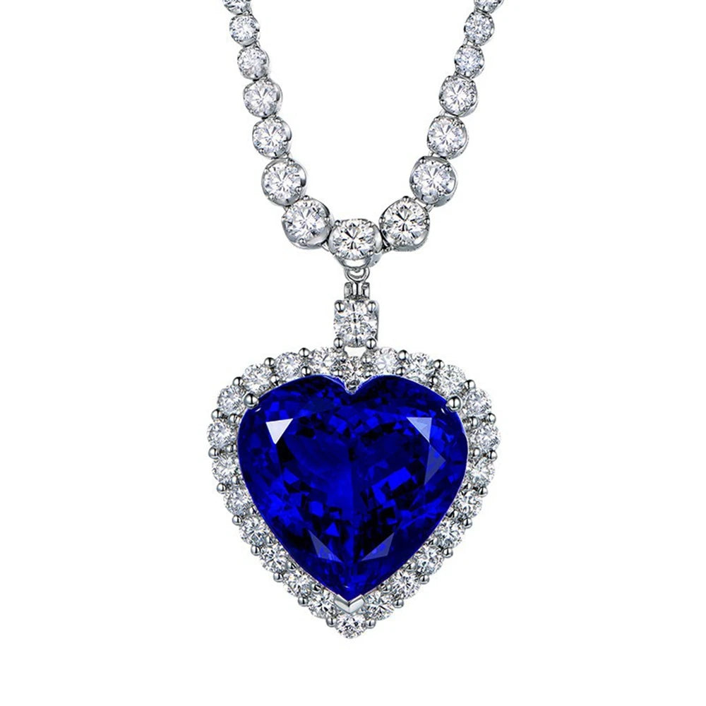 Wong Rain 925 Sterling Silver Heart Cut 20MM Sapphire High Carbon Diamonds Gems Pendant Necklaces Fine Jewelry Anniversary Gifts