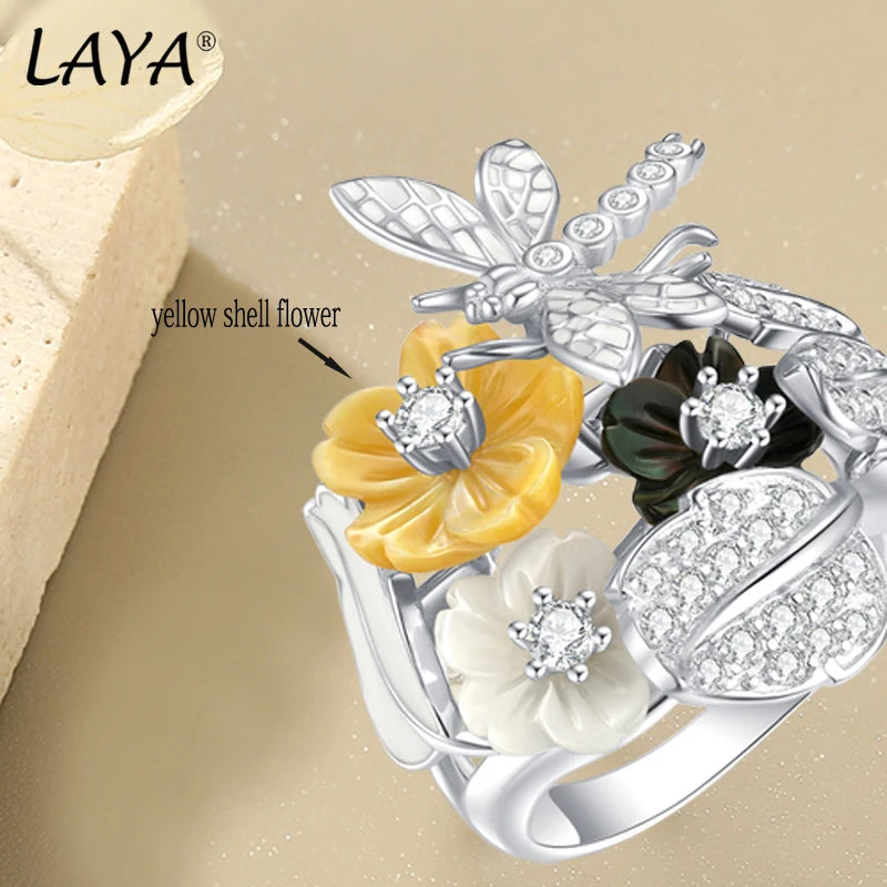 LAYA Ring For Women Black Yellow Shell Flower Shining White Zircon 100% 925 Sterling Silver Finger Fashion Party Fine Jewelry