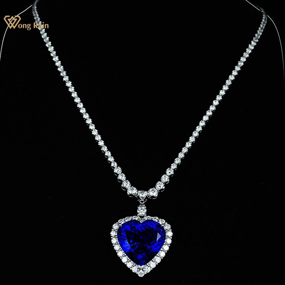 Wong Rain 925 Sterling Silver Heart Cut 20MM Sapphire High Carbon Diamonds Gems Pendant Necklaces Fine Jewelry Anniversary Gifts