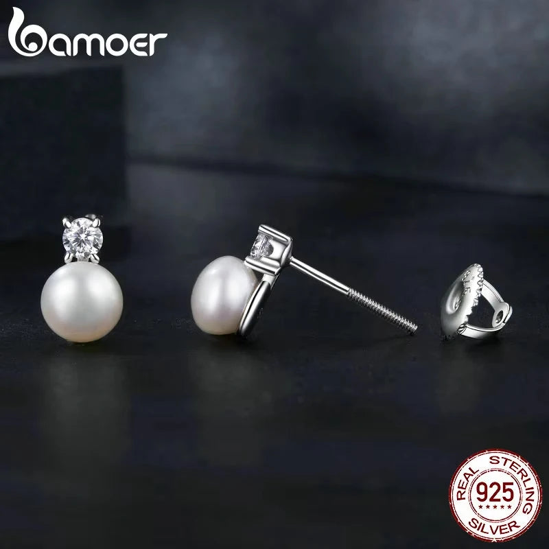 BAMOER Moissanite 925 Sterling Silver Freshwater Pearl Stud Earrings, Elegant VVS1 Clarity Lab Created Diamond Earrings MSE042