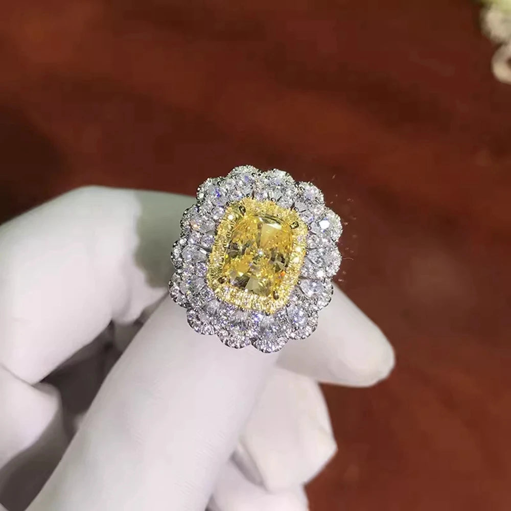 Wong Rain 925 Sterling Silver Cushion Cut 7*9 MM Citrine High Carbon Diamond Gemstone Women Rings Fine Jewelry Anniversary Gifts