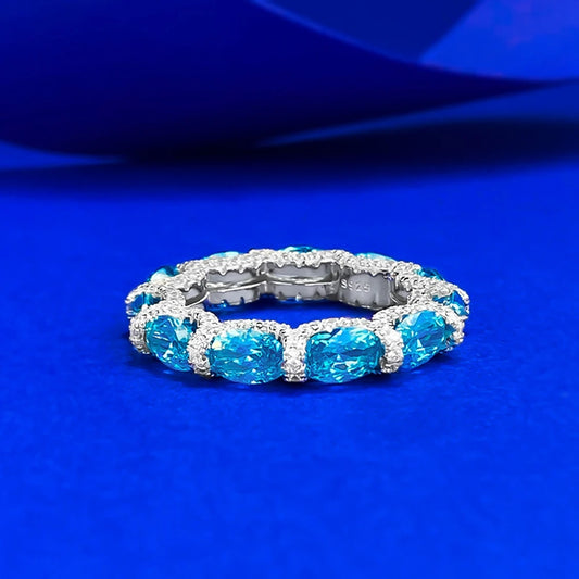 Wong Rain Luxury 925 Sterling Silver Oval Cut 4*6 MM Aquamarine High Carbon Diamond Gemstone Row Rings Fine Jewelry Wedding Band