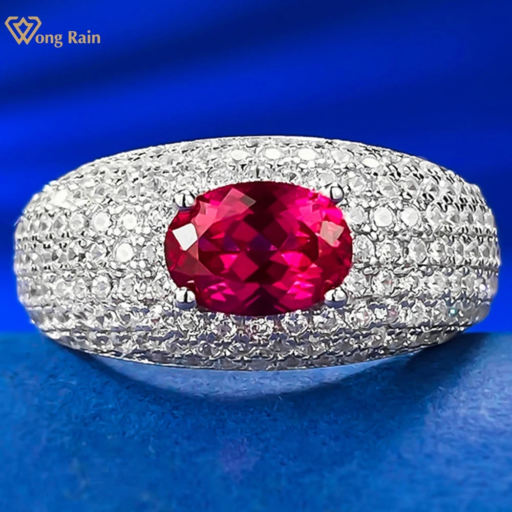 Wong Rain Vintage 100% 925 Sterling Silver Oval 5*7MM Ruby High Carbon Diamond Gemstone Jewelry Ring for Women Anniversary Gifts