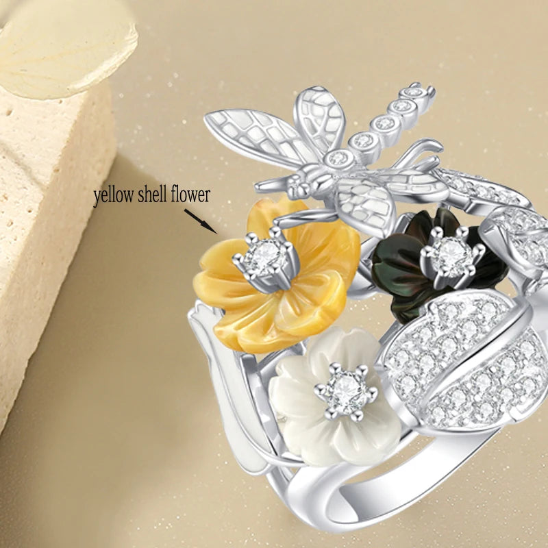 LAYA Ring For Women Black Yellow Shell Flower Shining White Zircon 100% 925 Sterling Silver Finger Fashion Party Fine Jewelry