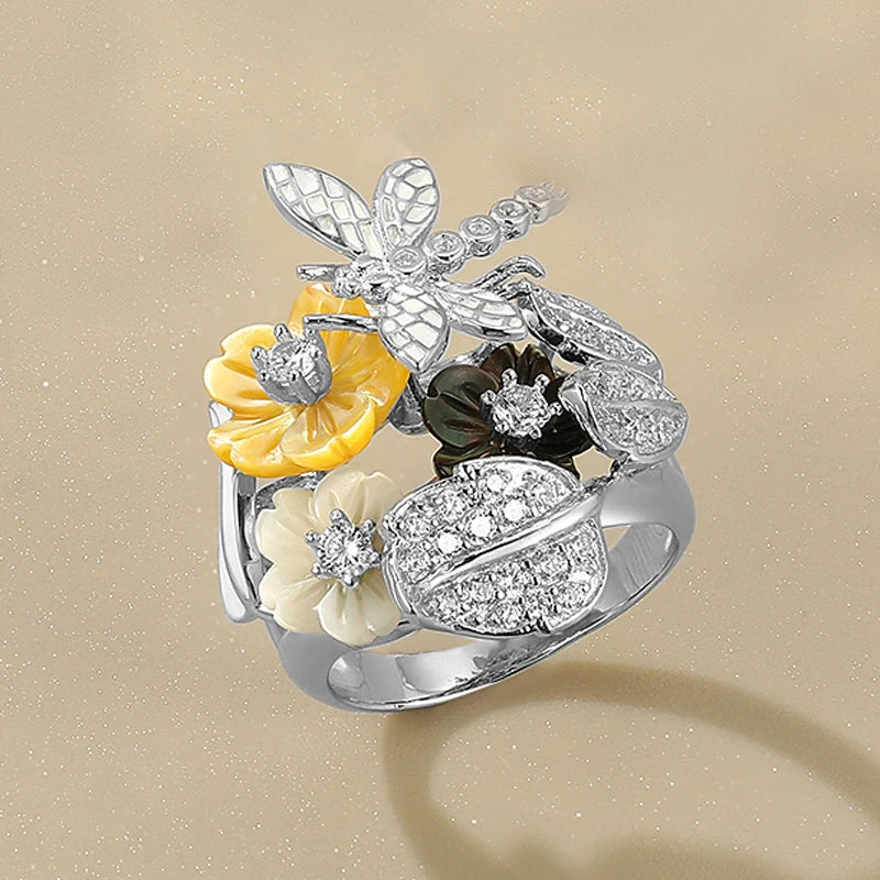 LAYA Ring For Women Black Yellow Shell Flower Shining White Zircon 100% 925 Sterling Silver Finger Fashion Party Fine Jewelry