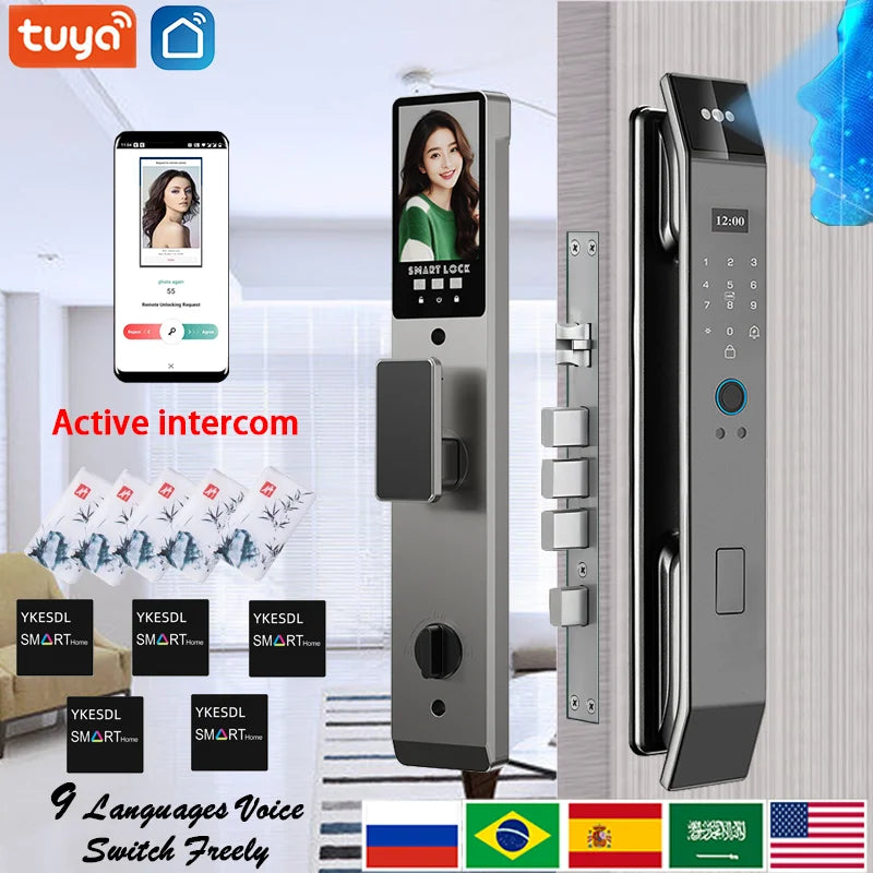Tuya APP Smart Life APP Control Voice Intercom Smart Lock 3D Face Recognition Fingerprint Password Smart Door Lock With Camera
