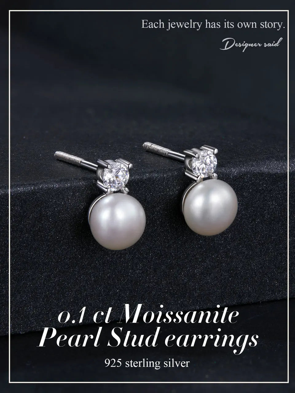 BAMOER Moissanite 925 Sterling Silver Freshwater Pearl Stud Earrings, Elegant VVS1 Clarity Lab Created Diamond Earrings MSE042