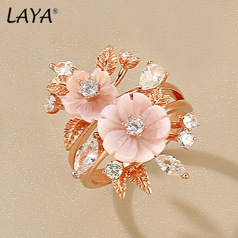 LAYA Ring 100% 925 Sterling Silver For Women Pink Shell Flower White Shining Zircon Finger Wedding Party Luxury Fine Jewelry