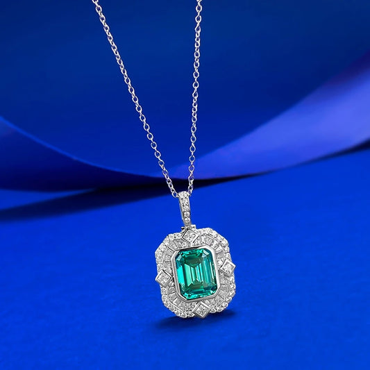 Wong Rain Vintage 925 Sterling Silver Asscher Cut 8*10 MM Paraiba Tourmaline High Carbon Diamonds Pendant Necklace Fine Jewelry