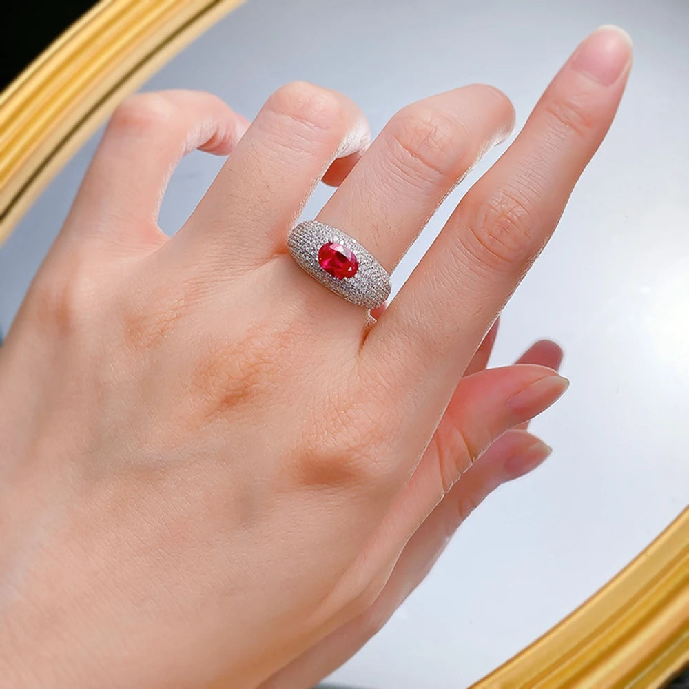 Wong Rain Vintage 100% 925 Sterling Silver Oval 5*7MM Ruby High Carbon Diamond Gemstone Jewelry Ring for Women Anniversary Gifts
