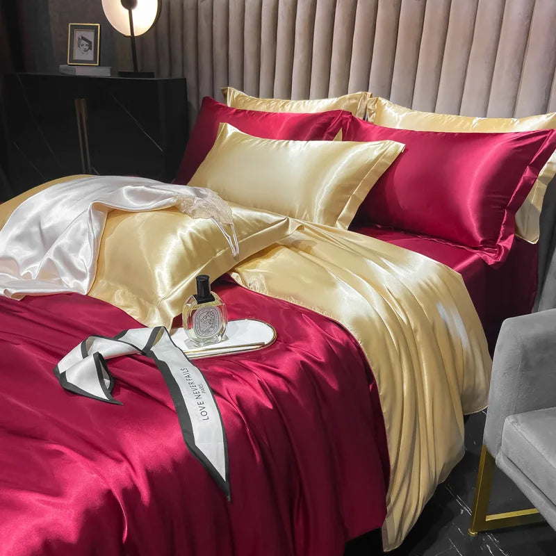 Real 100% Mulberry Silk Bedding Set with Duvet Cover Fitted/Flat Bed Sheet Pillowcase Solid Color 4pcs King Queen Twin Bed Sets