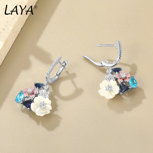 LAYA Earrings For Women White Shell Flower Shining Zircon Handmade Enamel Engagement Romantic Wedding Trendy Party Fine Jewelry
