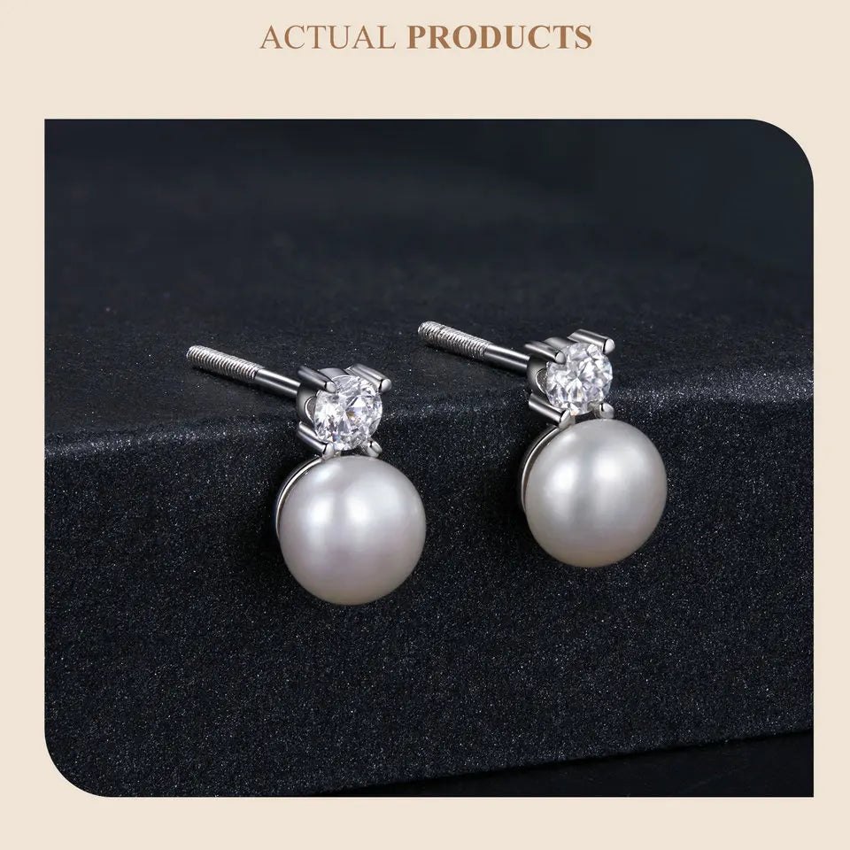 BAMOER Moissanite 925 Sterling Silver Freshwater Pearl Stud Earrings, Elegant VVS1 Clarity Lab Created Diamond Earrings MSE042