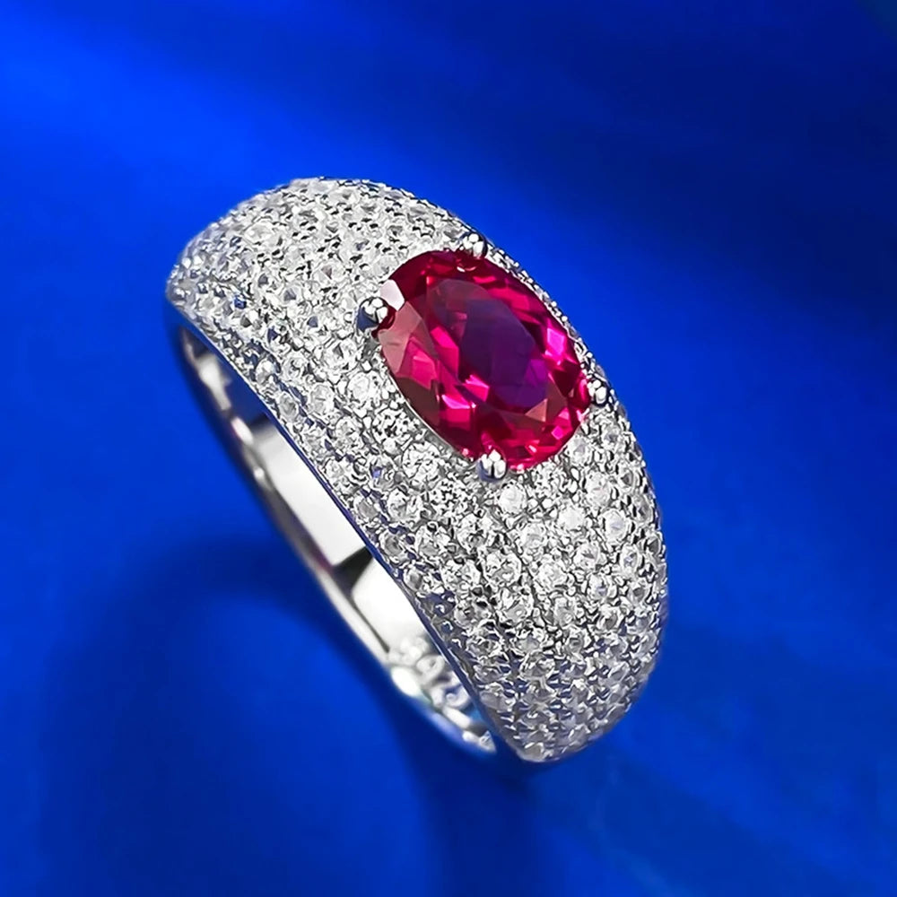 Wong Rain Vintage 100% 925 Sterling Silver Oval 5*7MM Ruby High Carbon Diamond Gemstone Jewelry Ring for Women Anniversary Gifts