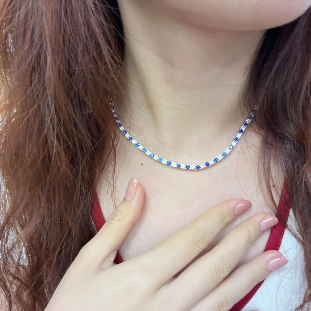 Wong Rain 925 Sterling Silver Round Cut 3 MM Sapphire Emerald Ruby High Carbon Diamond Gems Tennis Chain Necklace Fine Jewelry