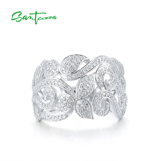 SANTUZZA Pure 925 Sterling Silver Flower Rings For Women Sparkling White Cubic Zirconia Attractive Party Elegant Fine Jewelry