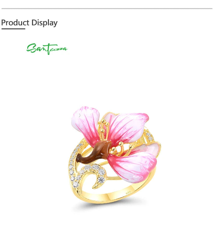 SANTUZZA Genuine 925 Sterling Silver Rings For Women White Cubic Zirconia Handmade Enamel Flower Ring Delicate Fine Jewelry