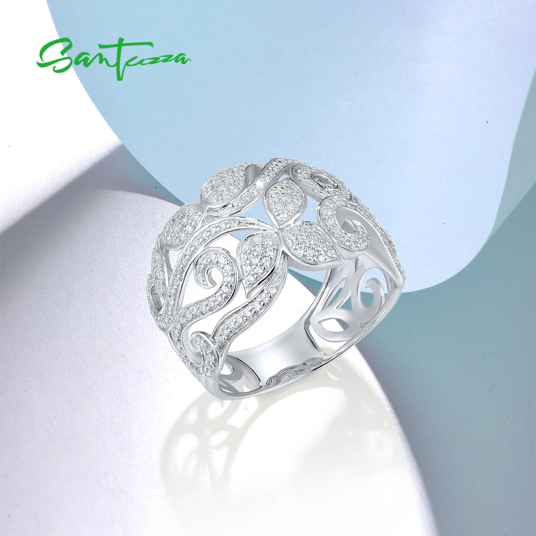 SANTUZZA Pure 925 Sterling Silver Flower Rings For Women Sparkling White Cubic Zirconia Attractive Party Elegant Fine Jewelry