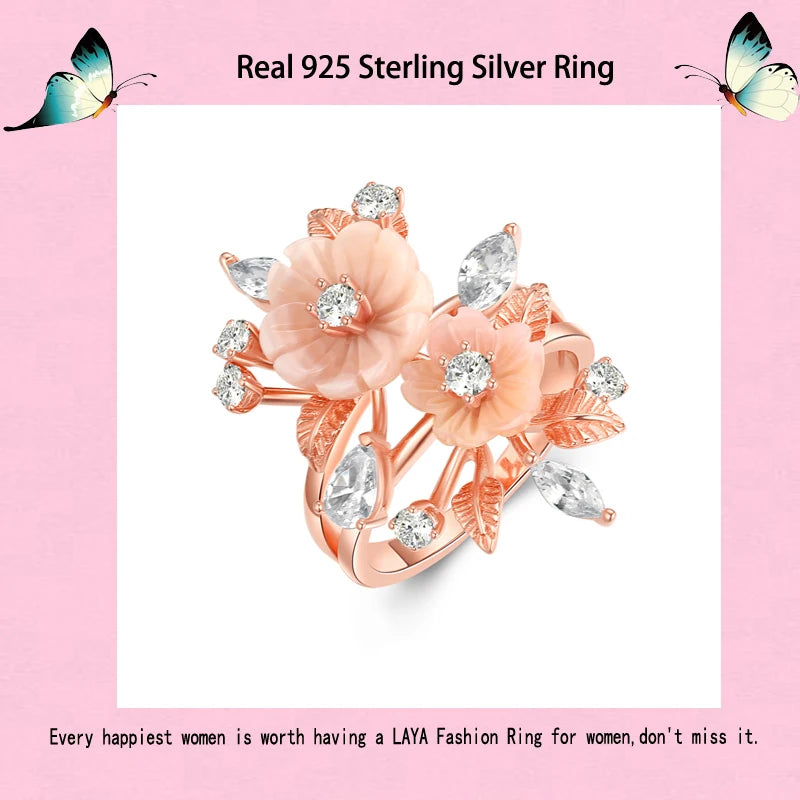 LAYA Ring 100% 925 Sterling Silver For Women Pink Shell Flower White Shining Zircon Finger Wedding Party Luxury Fine Jewelry