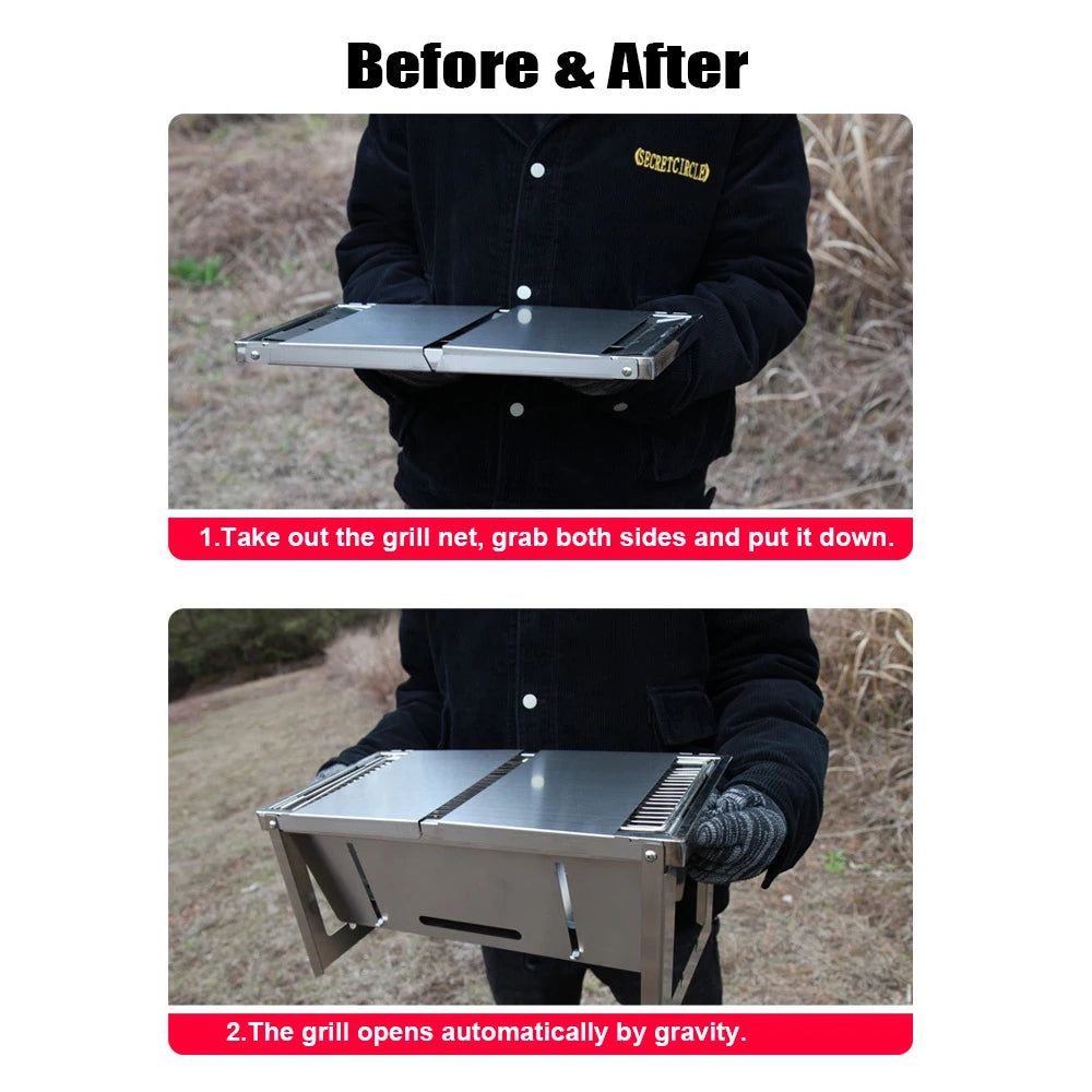 Portable Camping BBQ Grill 3 Hight Adjustable Stainless Steel Folding Charcoal Backpacking Stove with Grill Gloves Carry Bag