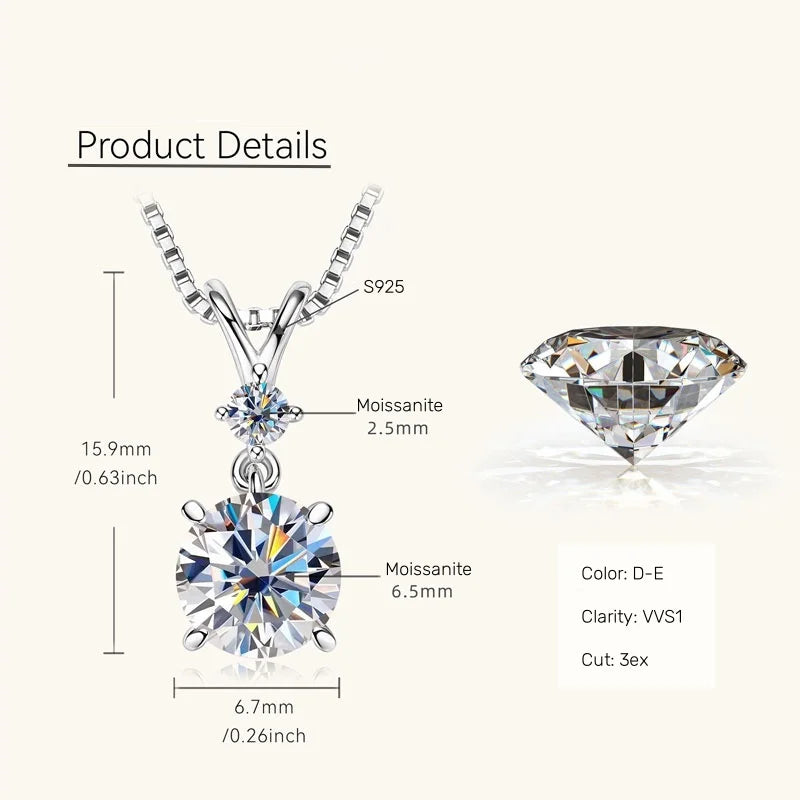 IOGOU 6.5mm/8mm/9mm D VVS1 All Moissanite Diamond Round Pendant Necklace for Women Engagement Luxury Sterling Silver 925 Jewelry