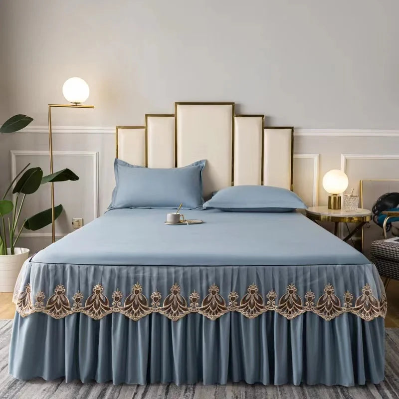 3pcs Set Raw Cotton Soft Bedspread Bed Romance Dust Protector Cover Embroidery Lace Edge Bed Skirt with 2pcs Pillowcase