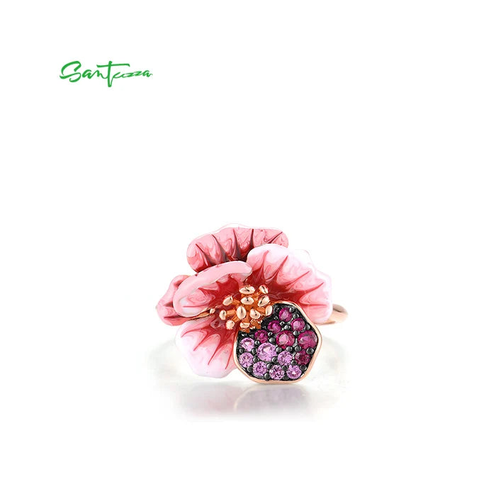 SANTUZZA Real 925 Sterling Silver Ring For Women Sparkling Created Red Sapphire Enamel Fancy Wedding Party Gifts Fine Jewelry