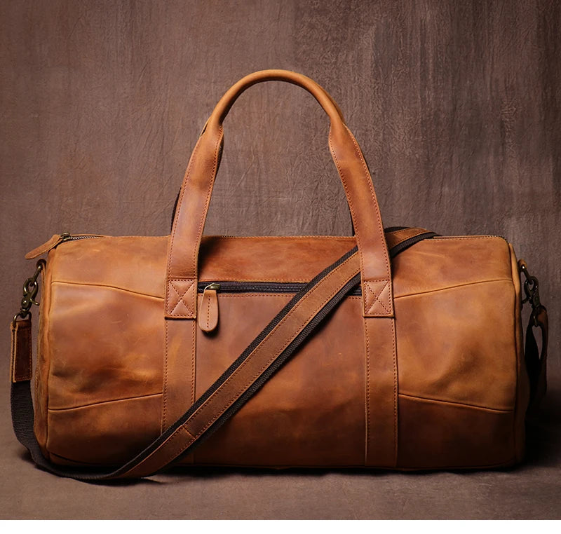 GURO Vintage Crazy Horse Cowhide Travel Bag Men's Real Leather Handbag Casual Weekend Camping Luggage Bag Daily Gym Shoulder Bag