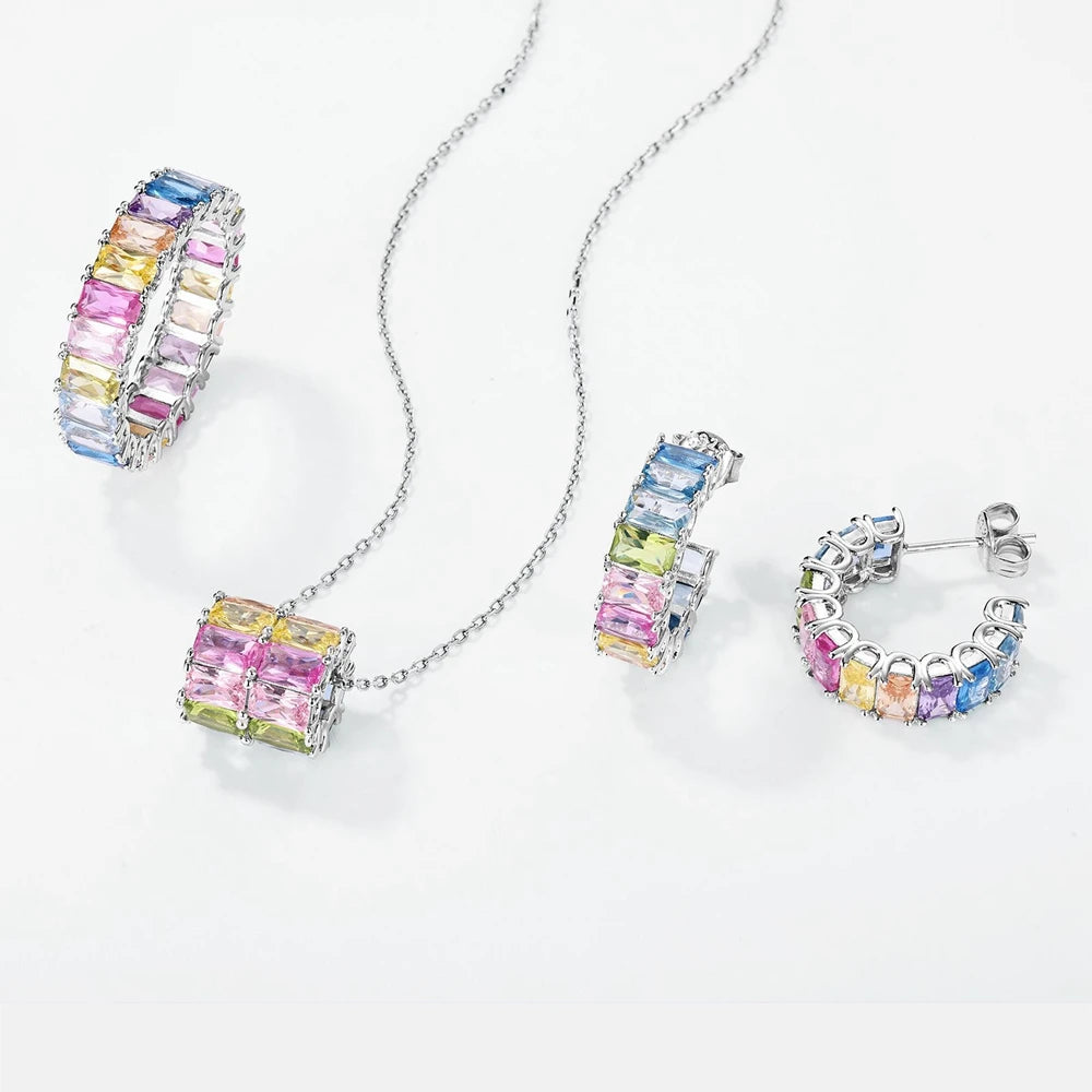 Wong Rain 100% 925 Sterling Silver Colorful 3*5 MM Lab Sapphire Gemstone Hoop Earrings for Women Fine Jewelry Gifts Wholesale
