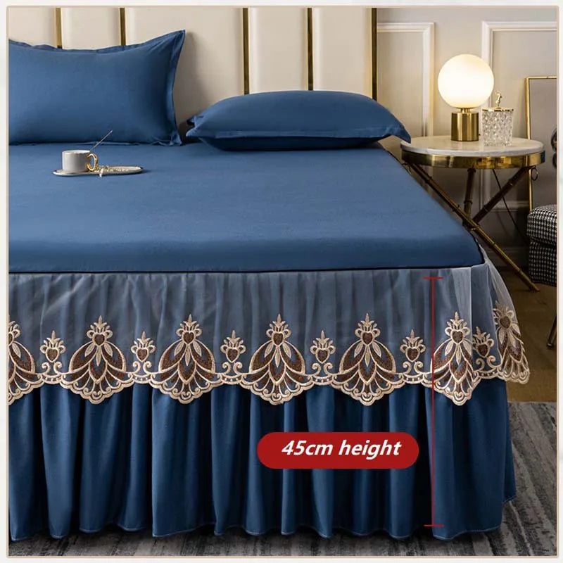 3pcs Set Raw Cotton Soft Bedspread Bed Romance Dust Protector Cover Embroidery Lace Edge Bed Skirt with 2pcs Pillowcase